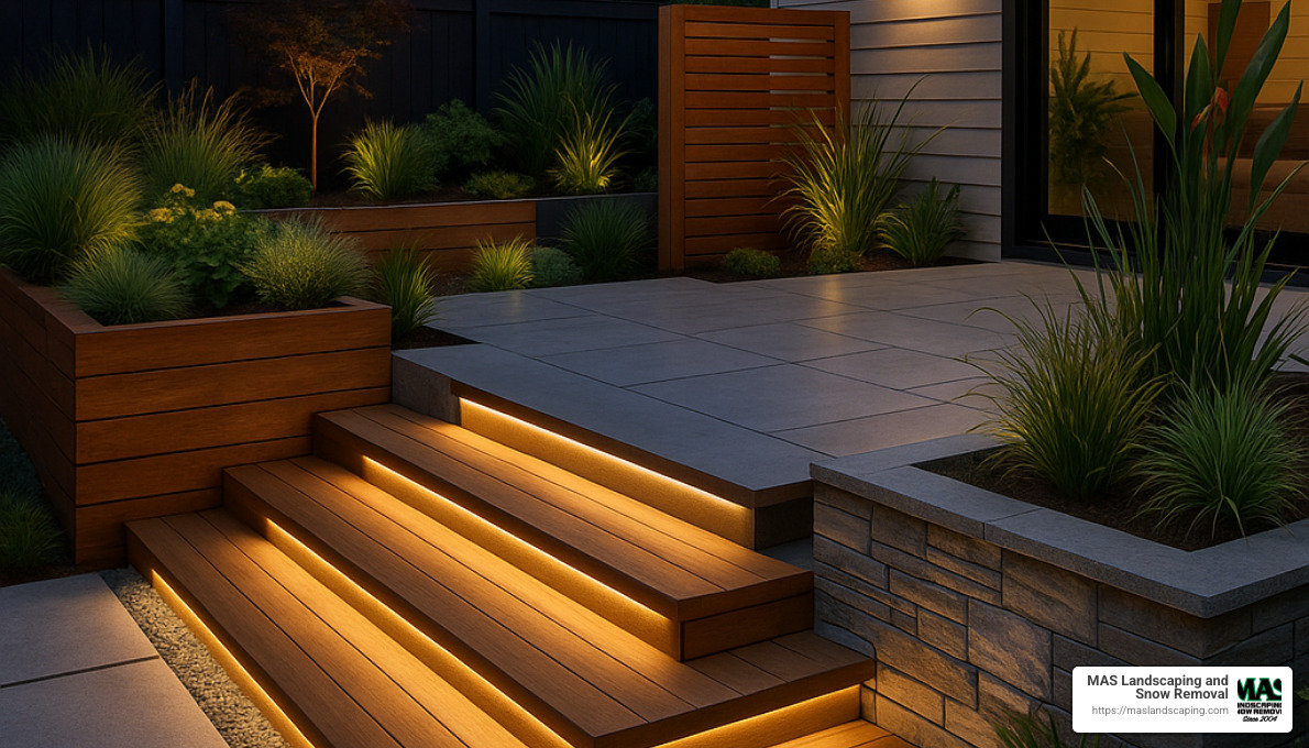 modern hardscape design with LED-lit wood steps and mixed materials - hardscape and design