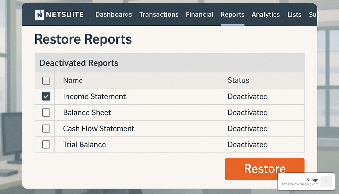 NetSuite Restore Reports interface - how to i restore a deleted report in netsuite