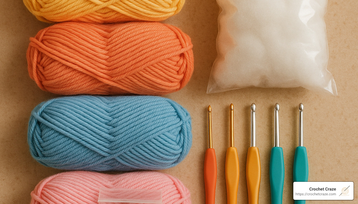 beginner amigurumi supplies including yarn, hooks, stuffing, and safety eyes - amigurumi for beginners