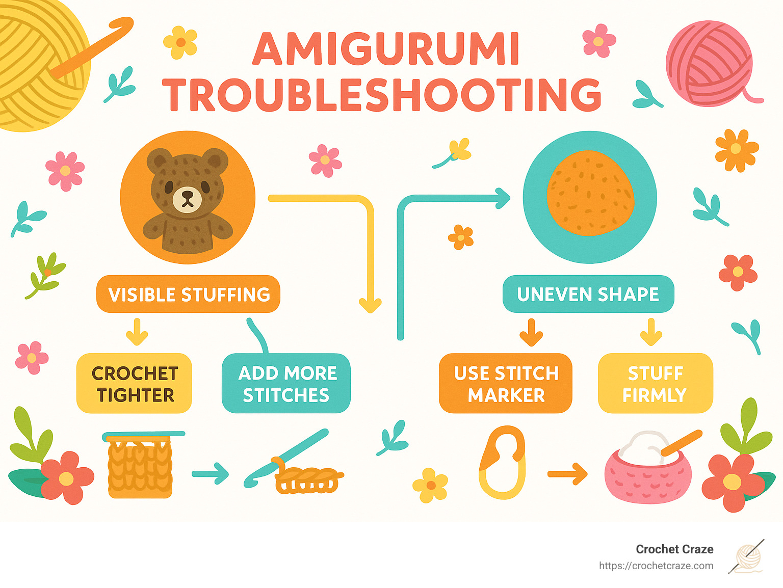troubleshooting decision tree for common amigurumi problems and their solutions - amigurumi for beginners infographic