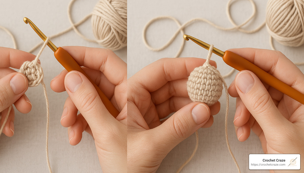progression of amigurumi stitches from magic ring to finished sphere - amigurumi for beginners