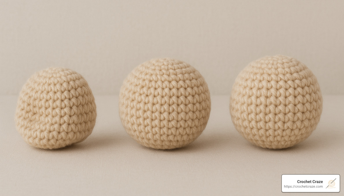 different levels of stuffing in amigurumi showing under-stuffed, properly stuffed, and over-stuffed examples - amigurumi for beginners