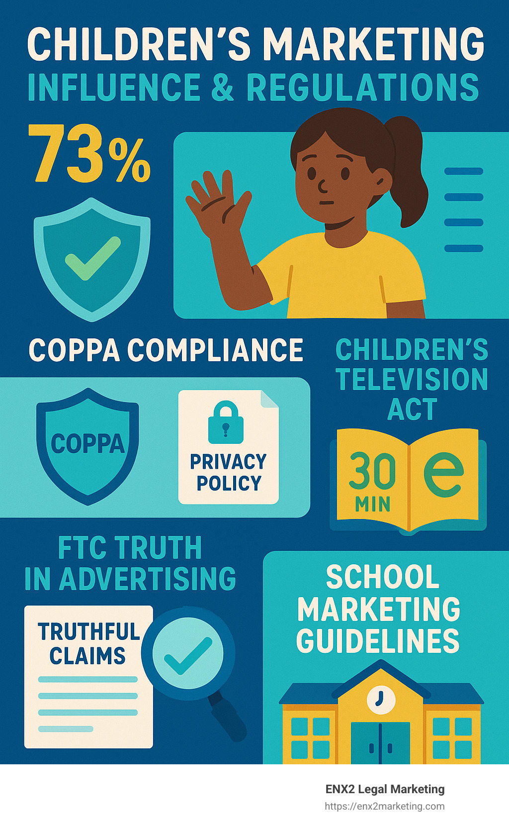 Statistics on children's marketing influence and regulations - how to market to children infographic