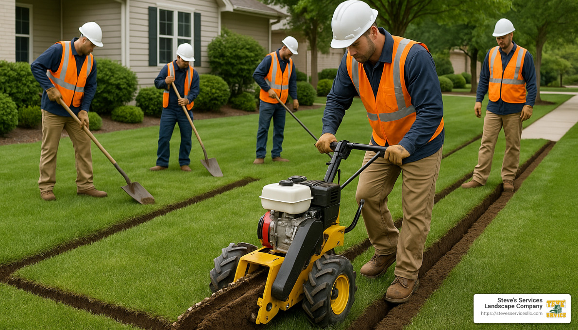 professional irrigation installation crew trenching neatly - Irrigation System Installation
