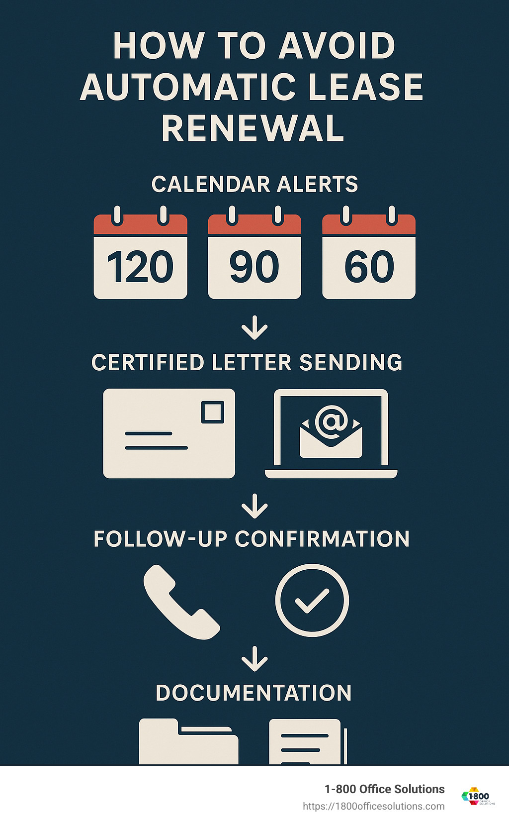 Infographic showing the key steps to avoid automatic lease renewal: set calendar reminders, send formal notification, follow up to confirm receipt, and document all communications - affordable copier leasing infographic  Infographic showing the key steps to avoid automatic lease renewal: set calendar reminders, send formal notification, follow up to confirm receipt, and document all communications - affordable copier leasing infographic