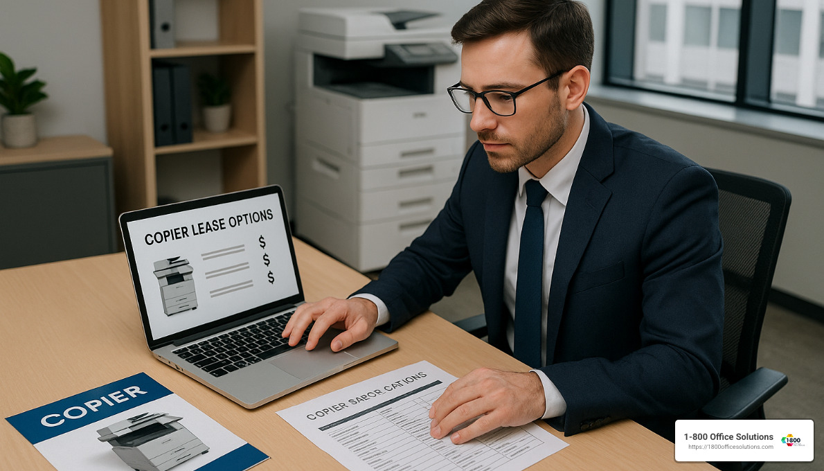 Business professional comparing copier lease options - affordable copier leasing Business professional comparing copier lease options - affordable copier leasing