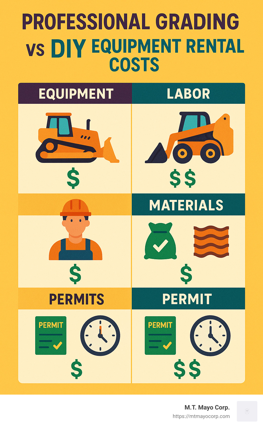 Cost comparison showing breakdown of professional grading vs DIY equipment rental costs, including equipment, labor, materials, permits, and time factors - land grading near me infographic 