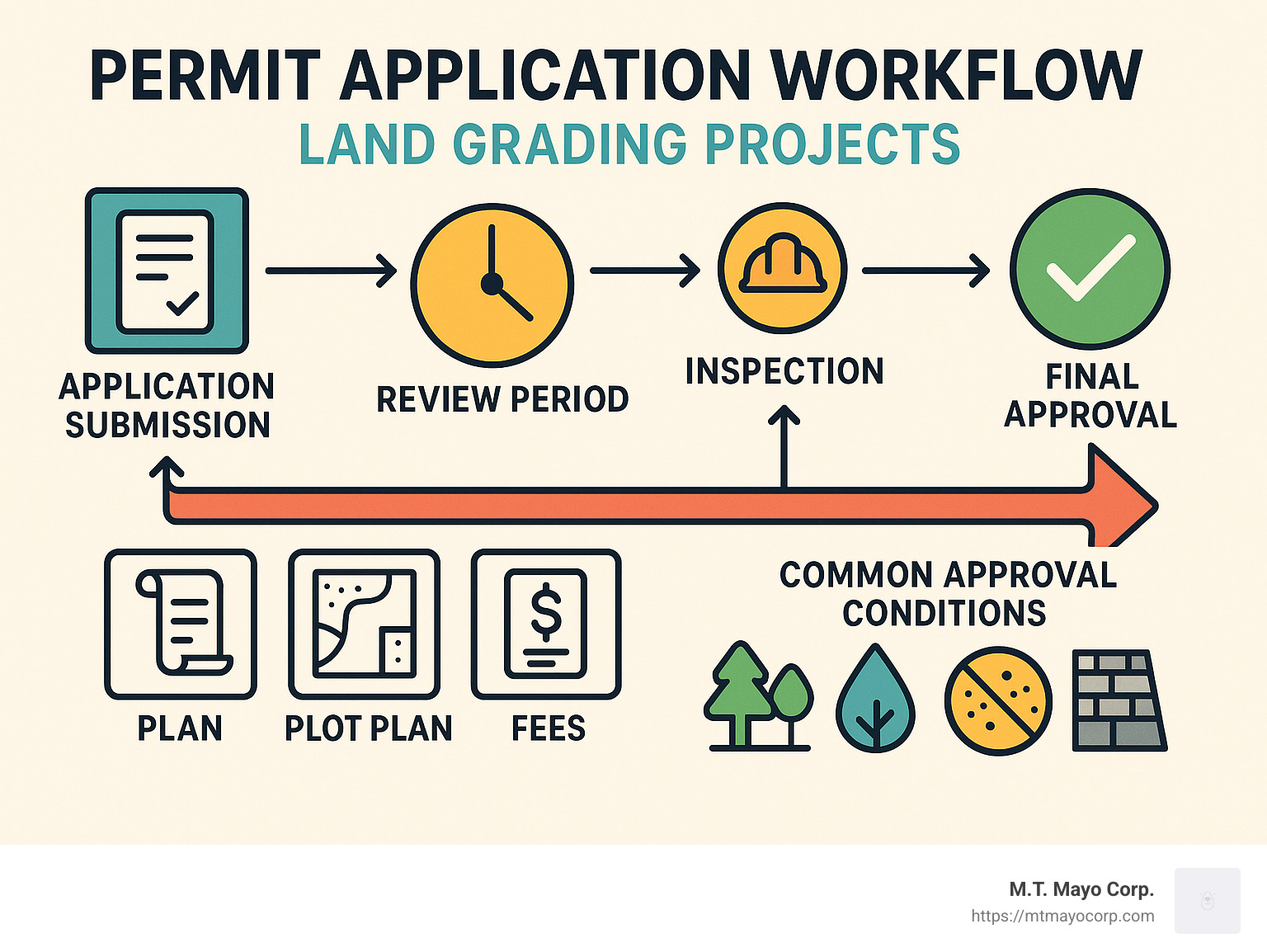 Infographic showing permit application workflow with timeline, required documents, inspection points, and common approval conditions for land grading projects - land grading near me infographic 