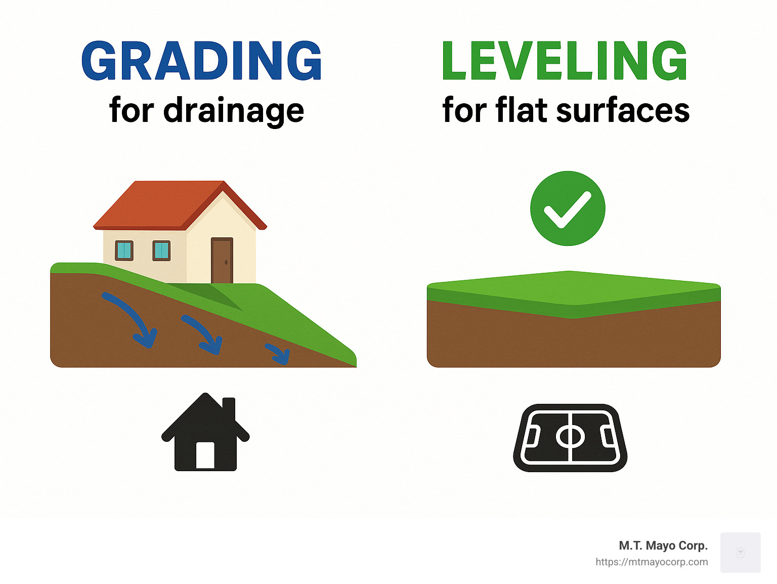 Detailed comparison of land grading vs. land leveling showing that grading focuses on creating proper slopes for drainage while leveling aims to create flat surfaces, with illustrations of water flow patterns and typical applications for each technique - land grading near me infographic 