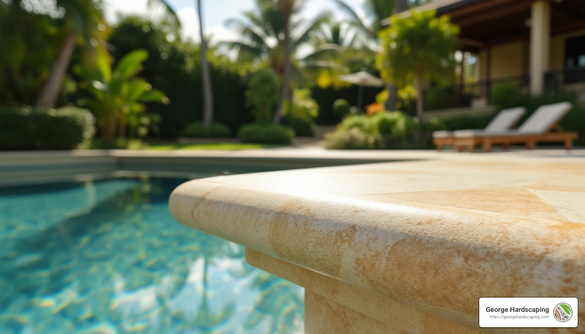 Bali-style travertine pool coping - paver pool coping installation