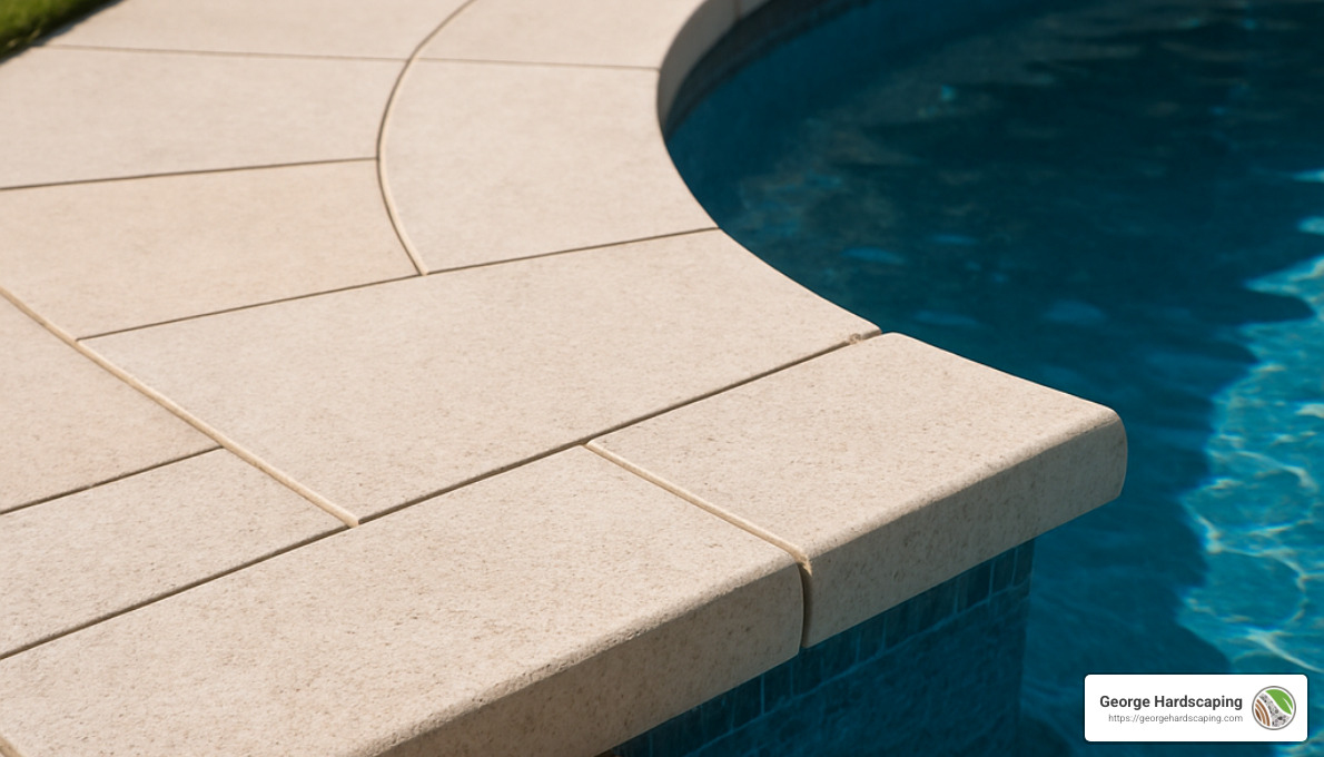 Mitered radius curve on pool coping - paver pool coping installation