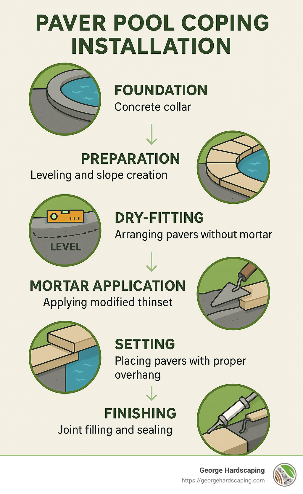 Six-step workflow for paver pool coping installation showing foundation, preparation, dry-fitting, mortar application, setting, and finishing - paver pool coping installation infographic 