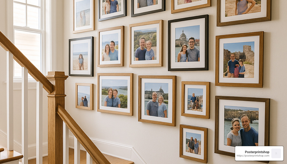 Creative stairway gallery wall installation with mixed frame styles - large photo prints for walls near me