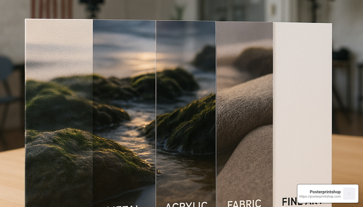 Different types of large wall print materials showing texture and finish variations - large photo prints for walls near me