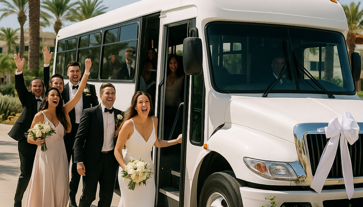 Wedding party boarding a decorated shuttle bus in Los Cabos - cabo group transportation