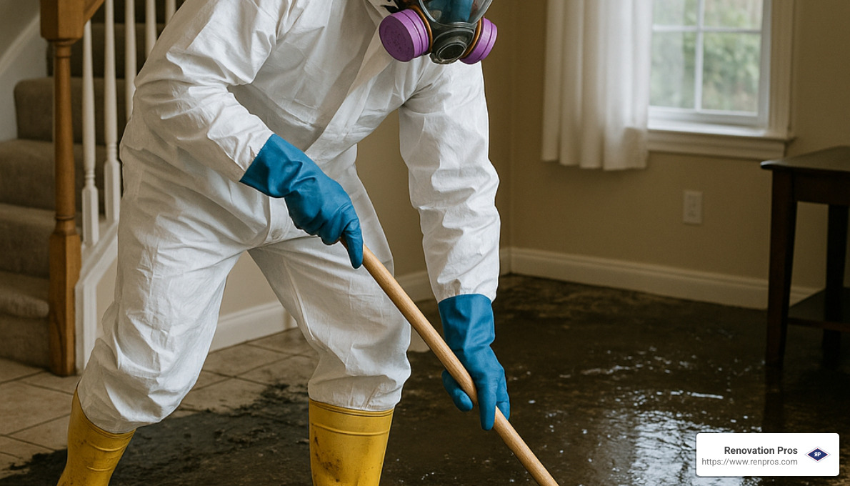 technician in full PPE gear during sewage cleanup - sewer backup cleanup temecula