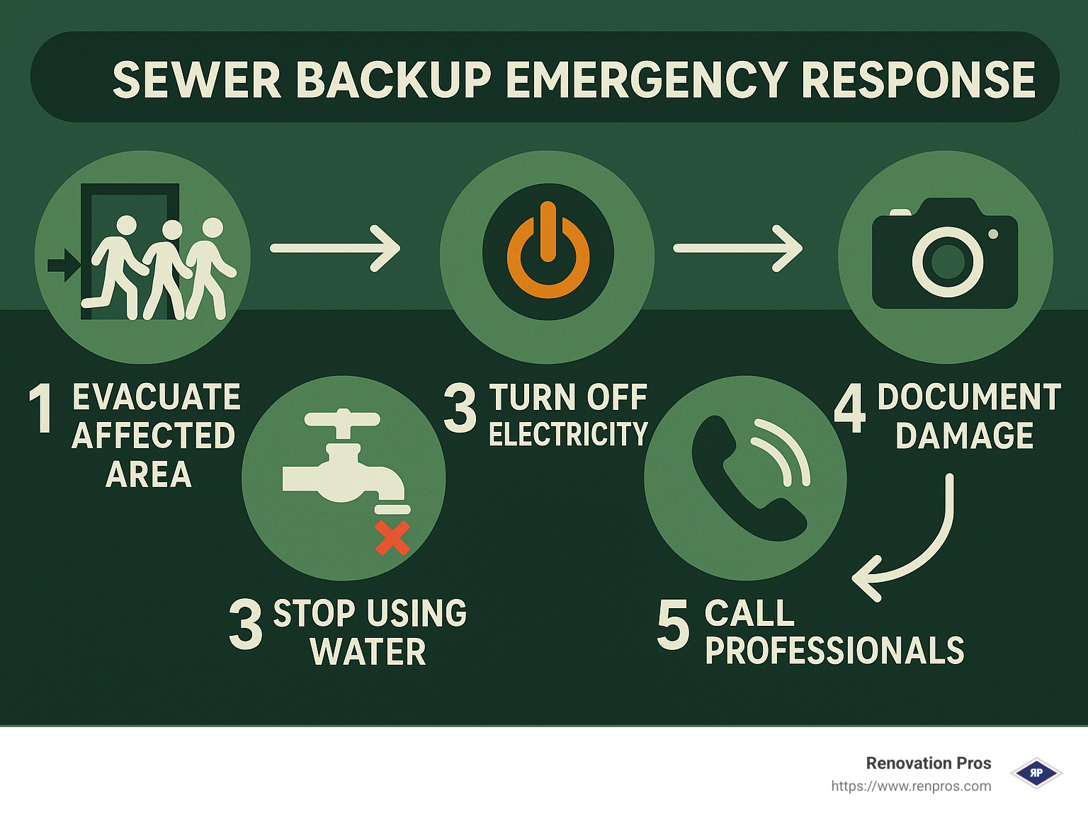 Infographic showing the 5-step sewer backup emergency response process: 1) Evacuate affected area 2) Turn off electricity 3) Stop using water 4) Document damage 5) Call professionals - sewer backup cleanup temecula infographic