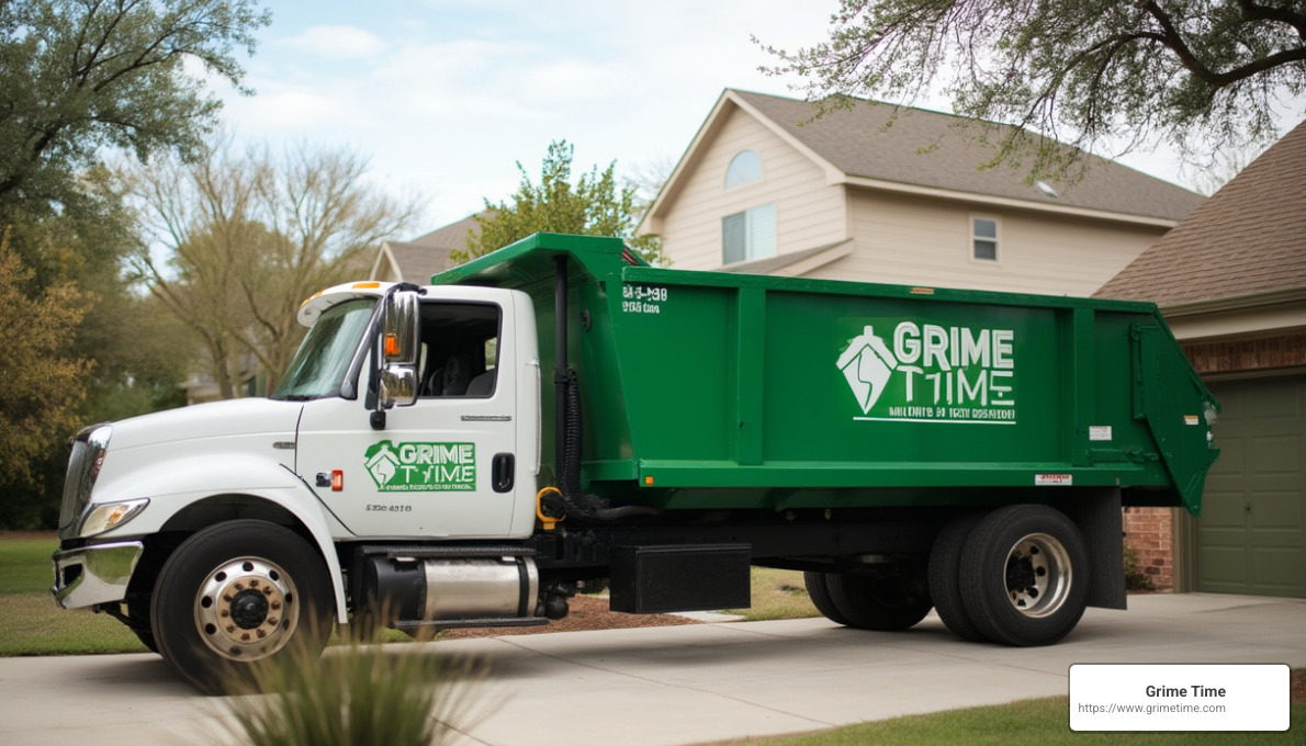 Grime Time dumpster truck delivering a 5 yard dumpster - 5 yard dumpster