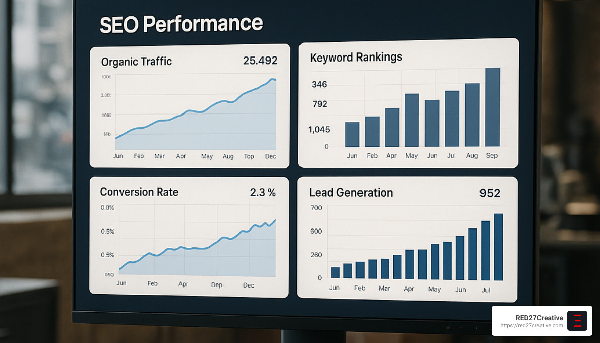 Factory Fresh SEO – Boosting Your Manufacturing Business Online • seo for manufacturing companies • RED27Creative SEO performance dashboard showing manufacturing website growth metrics - seo for manufacturing companies