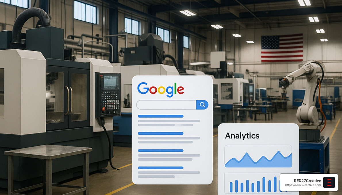 Factory Fresh SEO – Boosting Your Manufacturing Business Online • seo for manufacturing companies • RED27Creative Manufacturing facility with digital overlay showing search results and analytics - seo for manufacturing companies