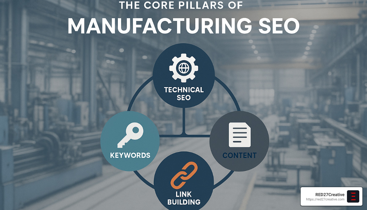 Factory Fresh SEO – Boosting Your Manufacturing Business Online • seo for manufacturing companies • RED27Creative Manufacturing SEO core pillars showing the relationship between technical SEO, content, keywords, and link building - seo for manufacturing companies