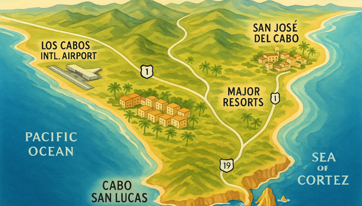 aerial view of los cabos region showing key destinations - Los Cabos airport transportation