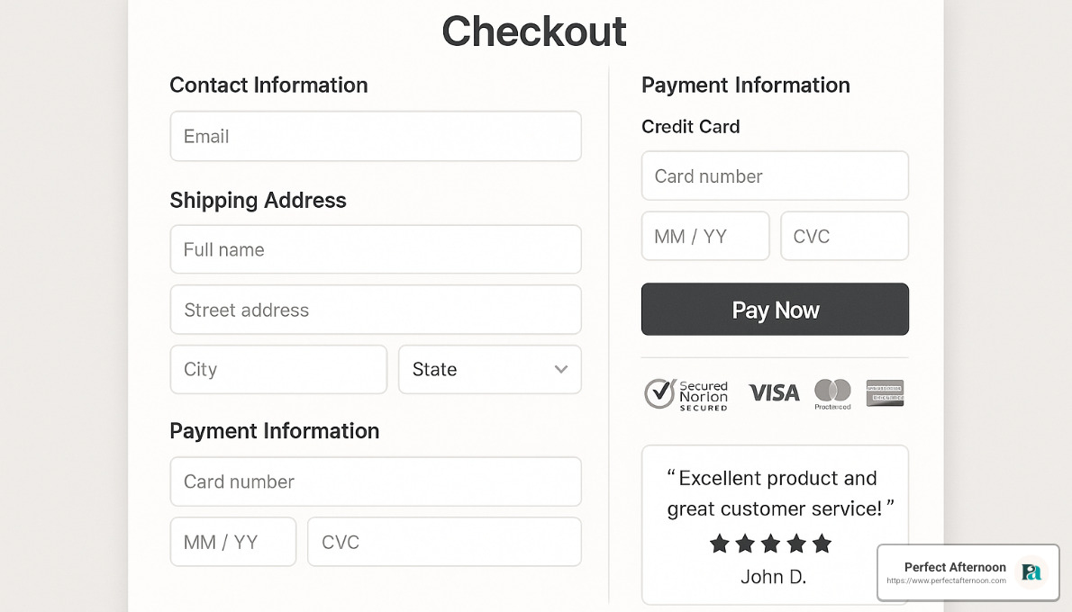 e-commerce checkout flow with clear trust signals and simplified form - ux in website design