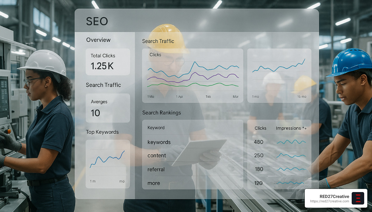 Factory Fresh SEO – Boosting Your Manufacturing Business Online • seo for manufacturing companies • RED27Creative Manufacturing assembly line with digital SEO dashboard overlay - seo for manufacturing companies