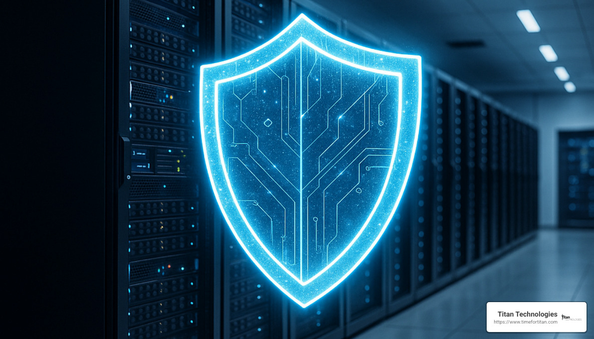Data protection concept with shield protecting server racks - data protection plan