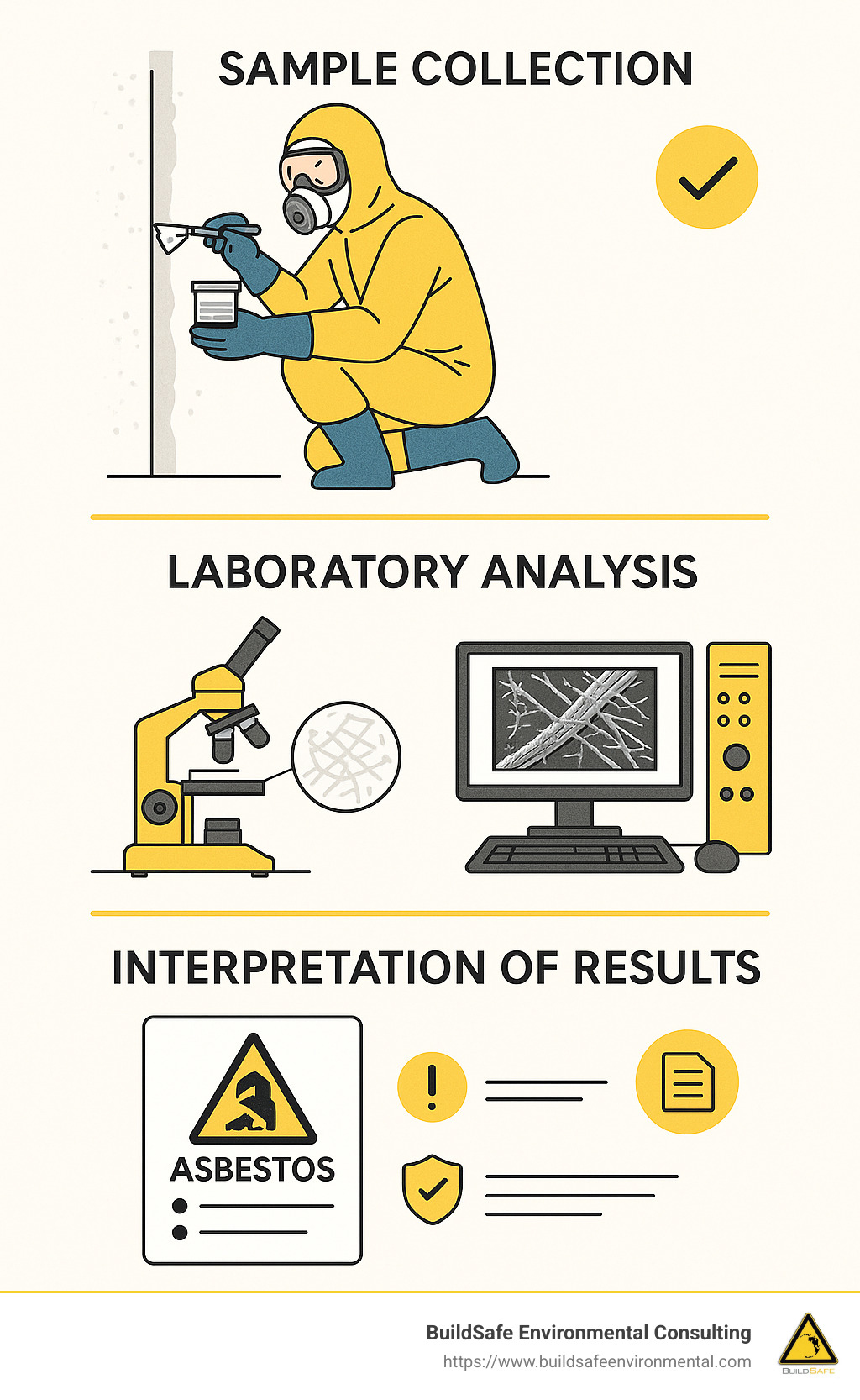 Detailed infographic showing the asbestos testing process including sample collection, laboratory analysis using polarized light microscopy and electron microscopy, and interpretation of results with safety recommendations - asbestos testing company infographic 