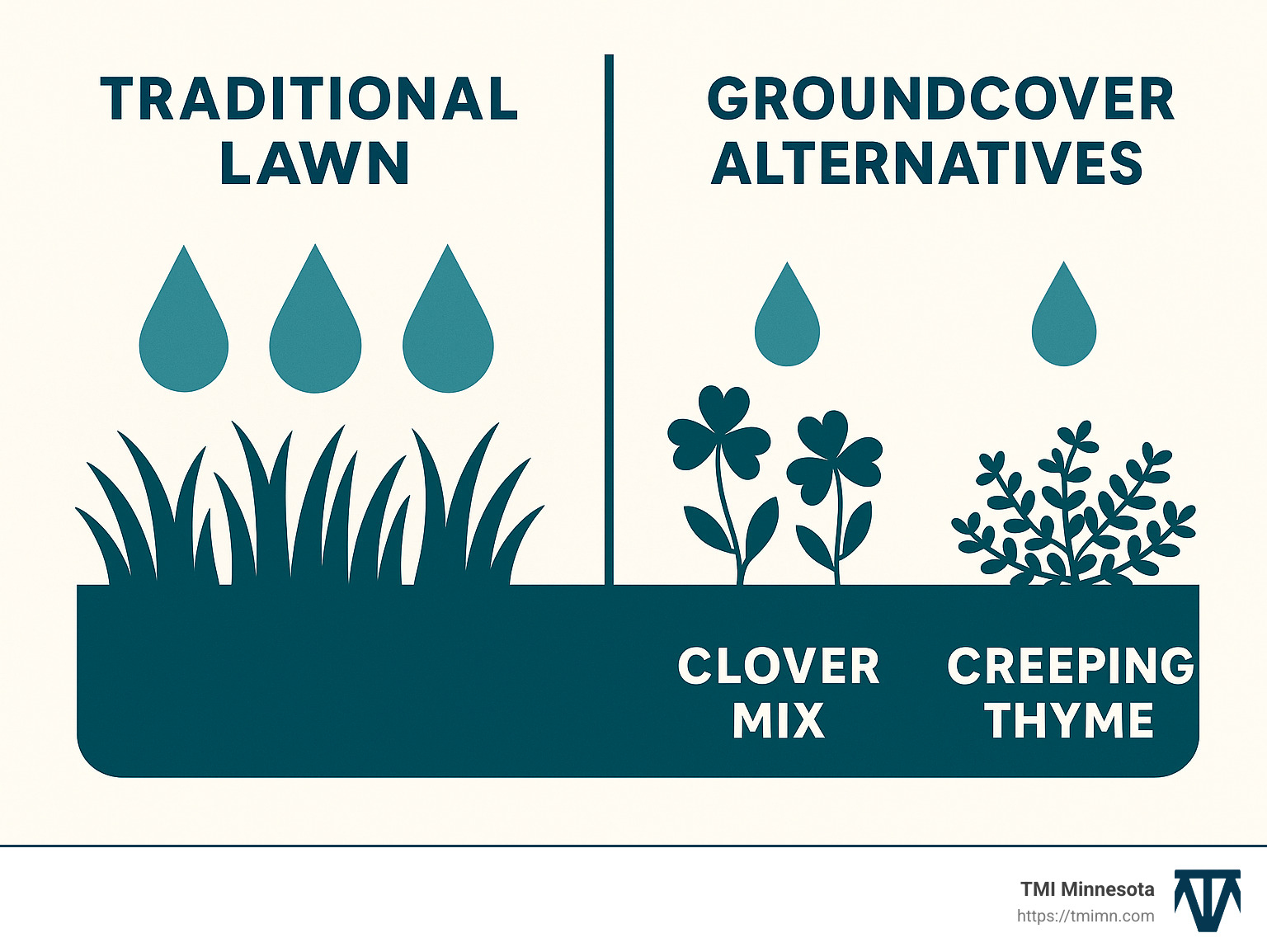 Comparison of water usage between traditional lawn and groundcover alternatives - landscape design for small yards infographic 