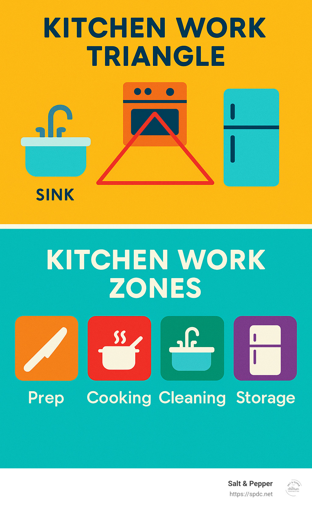 Kitchen work triangle vs. kitchen work zones comparison showing traditional triangle layout and modern zone-based approach - kitchen layouts infographic