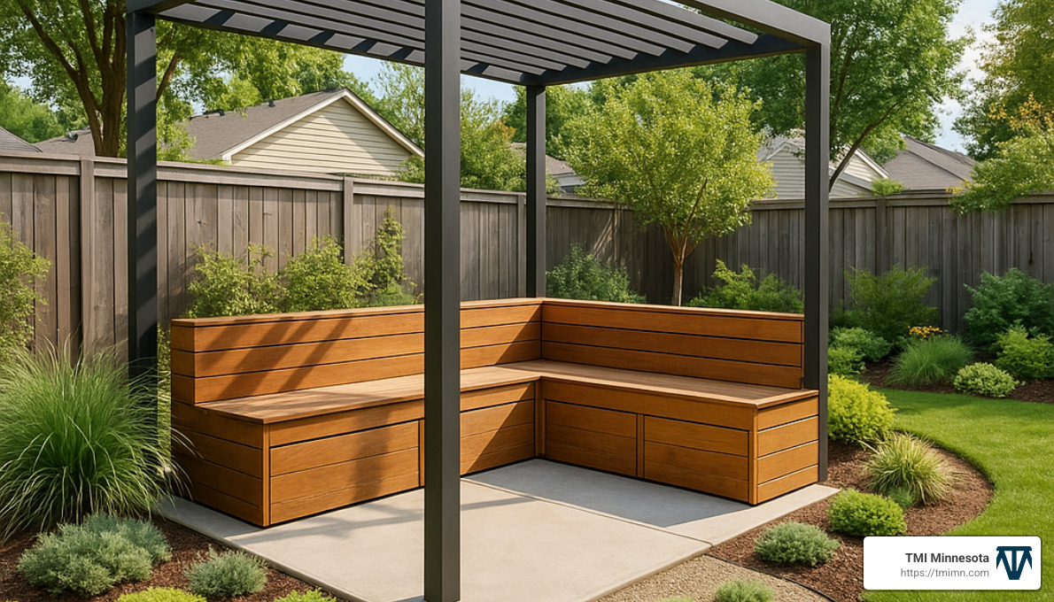 pergola over built-in bench with hidden storage compartments - landscape design for small yards
