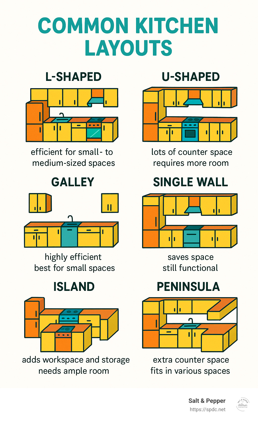Common kitchen layouts showing L-shaped, U-shaped, galley, single wall, island, and peninsula configurations with advantages and space requirements for each - kitchen layouts infographic