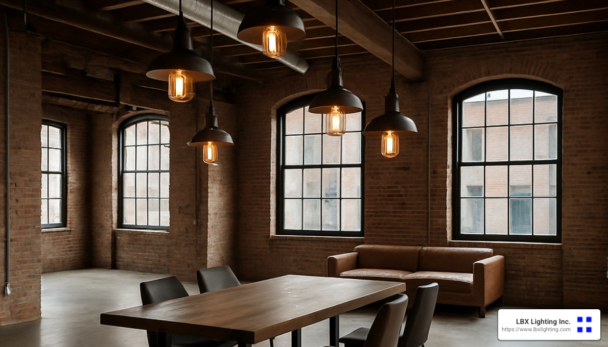 industrial loft with exposed brick and metal pendant lights - industrial style lighting