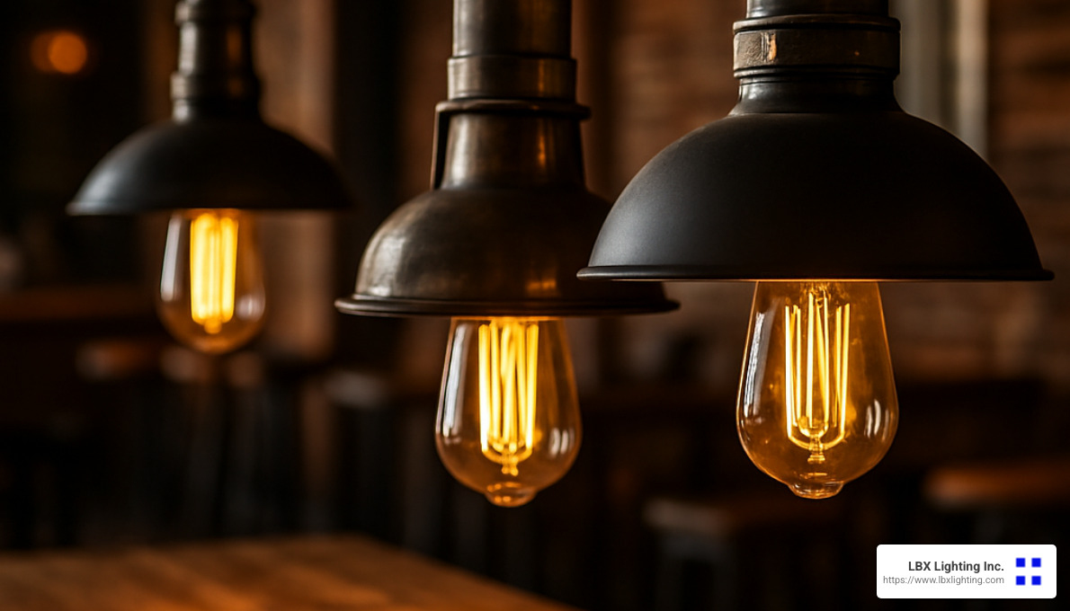 LED Edison bulbs in industrial pendant lights - industrial style lighting