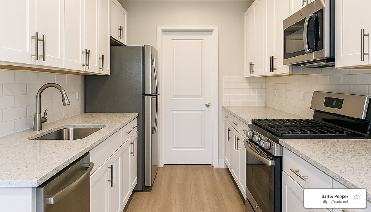 Galley kitchen layout showing efficient parallel counters with optimal spacing - kitchen layouts