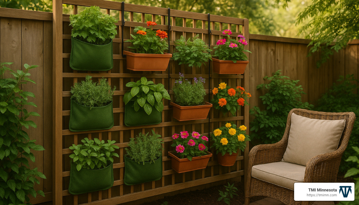 vertical garden with herbs and flowers on a wall trellis system - landscape design for small yards