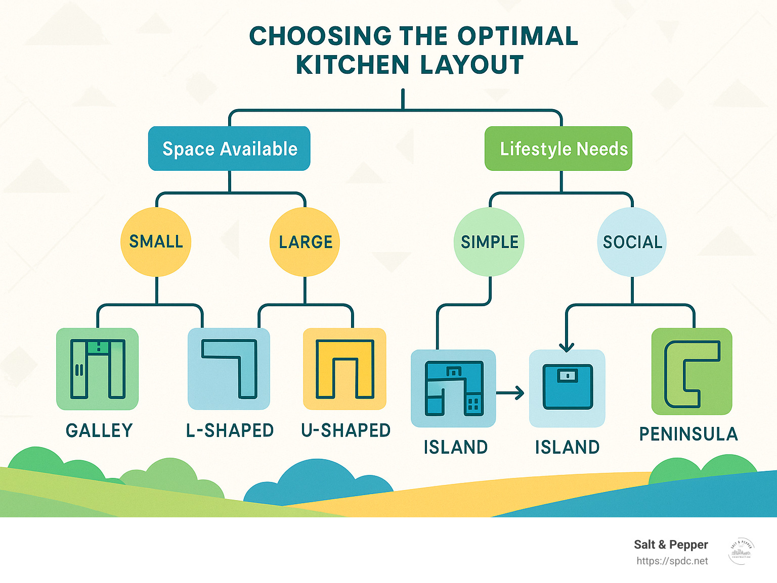 Decision tree for selecting the optimal kitchen layout based on space and lifestyle needs - kitchen layouts infographic