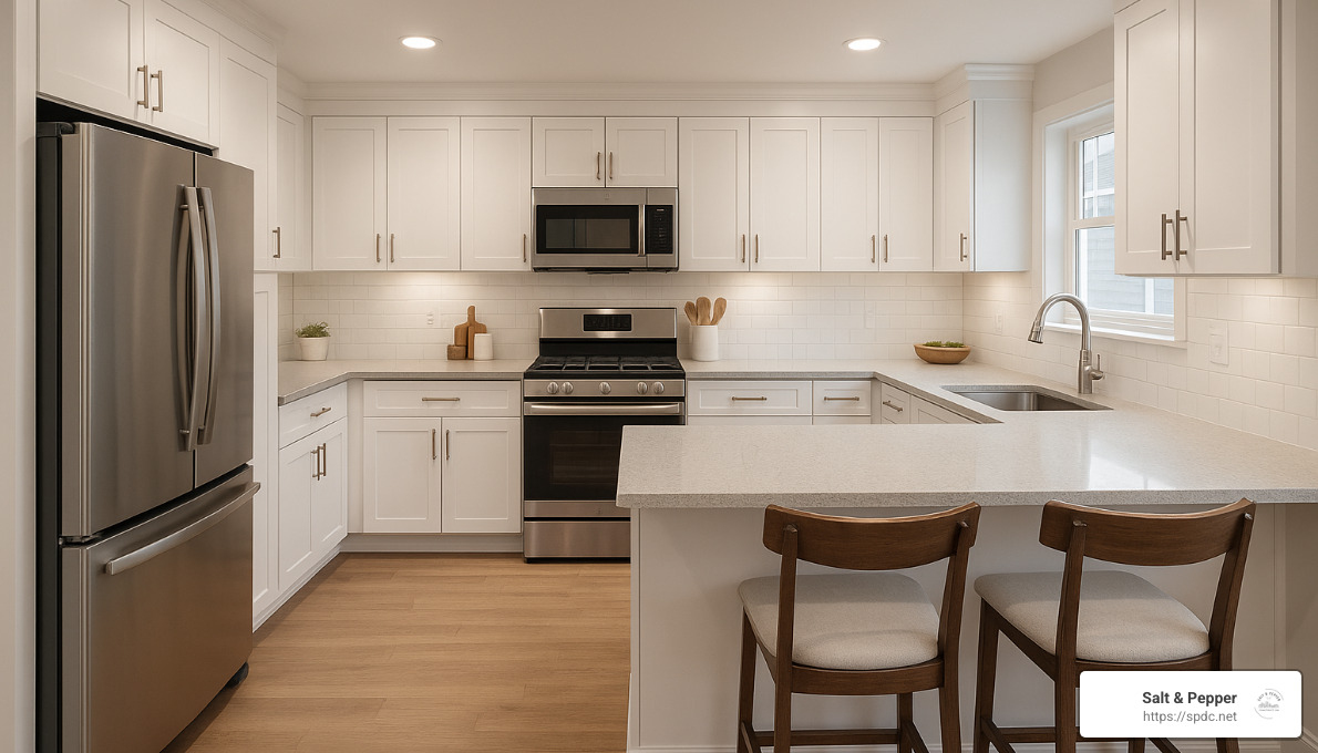 U-shaped kitchen with peninsula showing optimal spacing and work zones - kitchen layouts