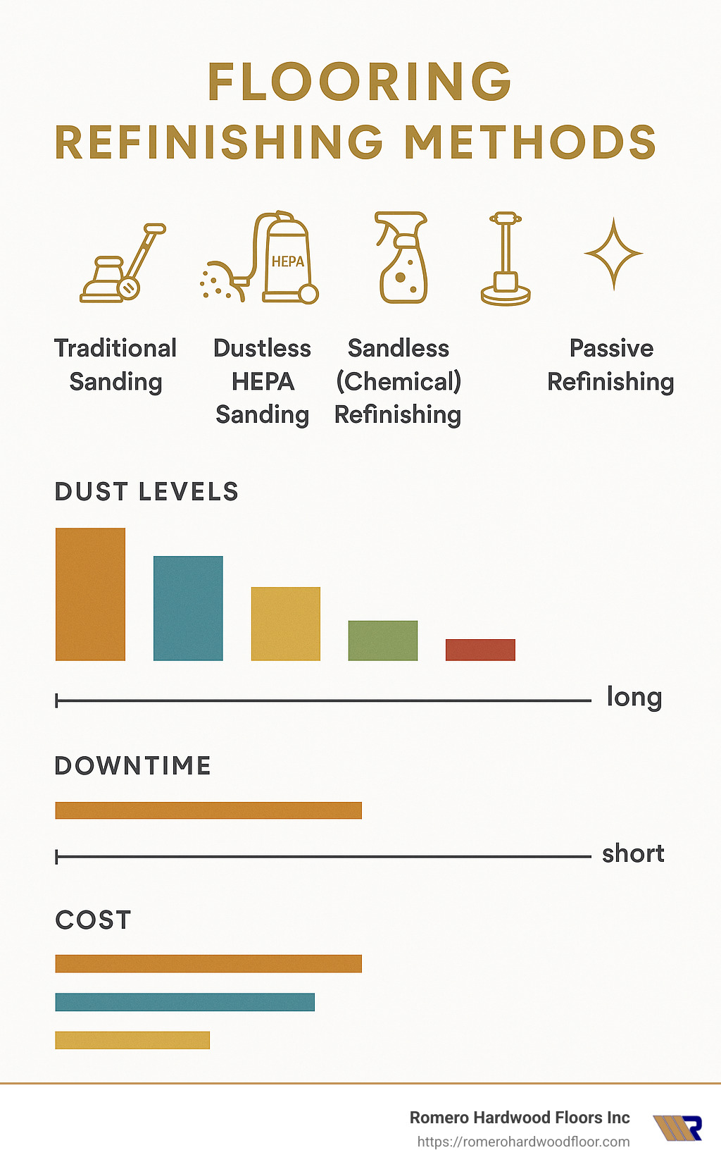 Infographic showing dust levels, downtime, and cost comparisons between different refinishing methods - flooring restoration and refinishing infographic