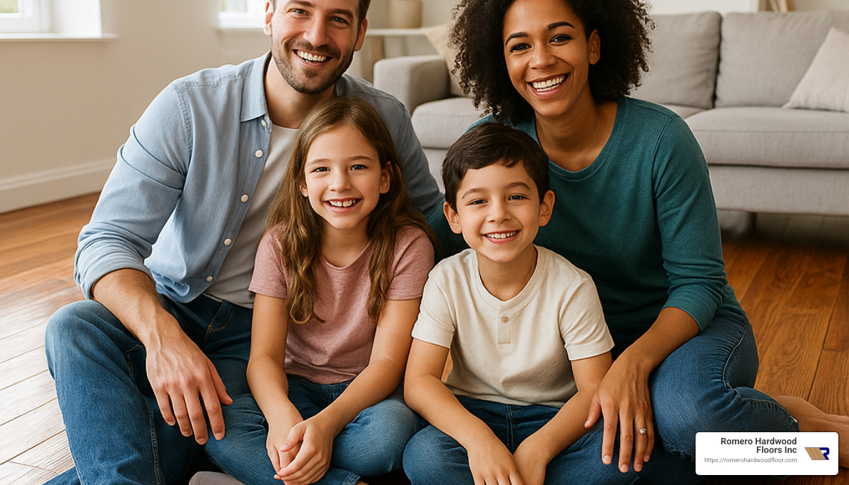 family enjoying newly finished hardwood floor - flooring restoration and refinishing