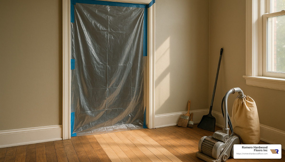 plastic-draped doorway for dust containment - flooring restoration and refinishing