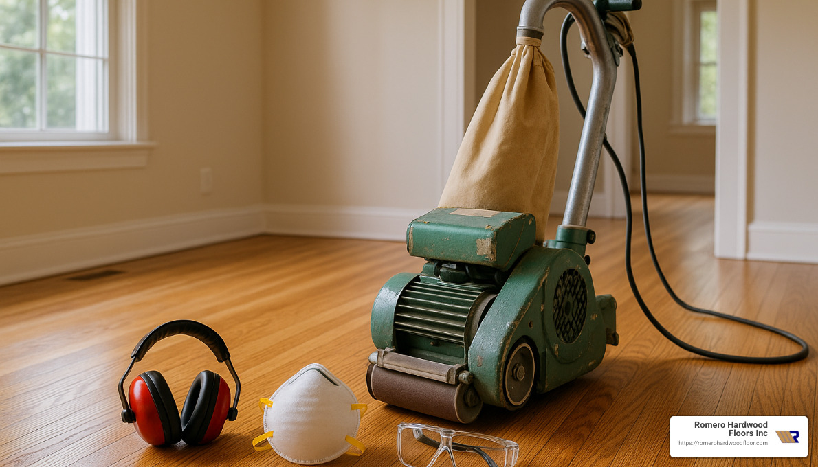 drum sander and protective equipment - flooring restoration and refinishing