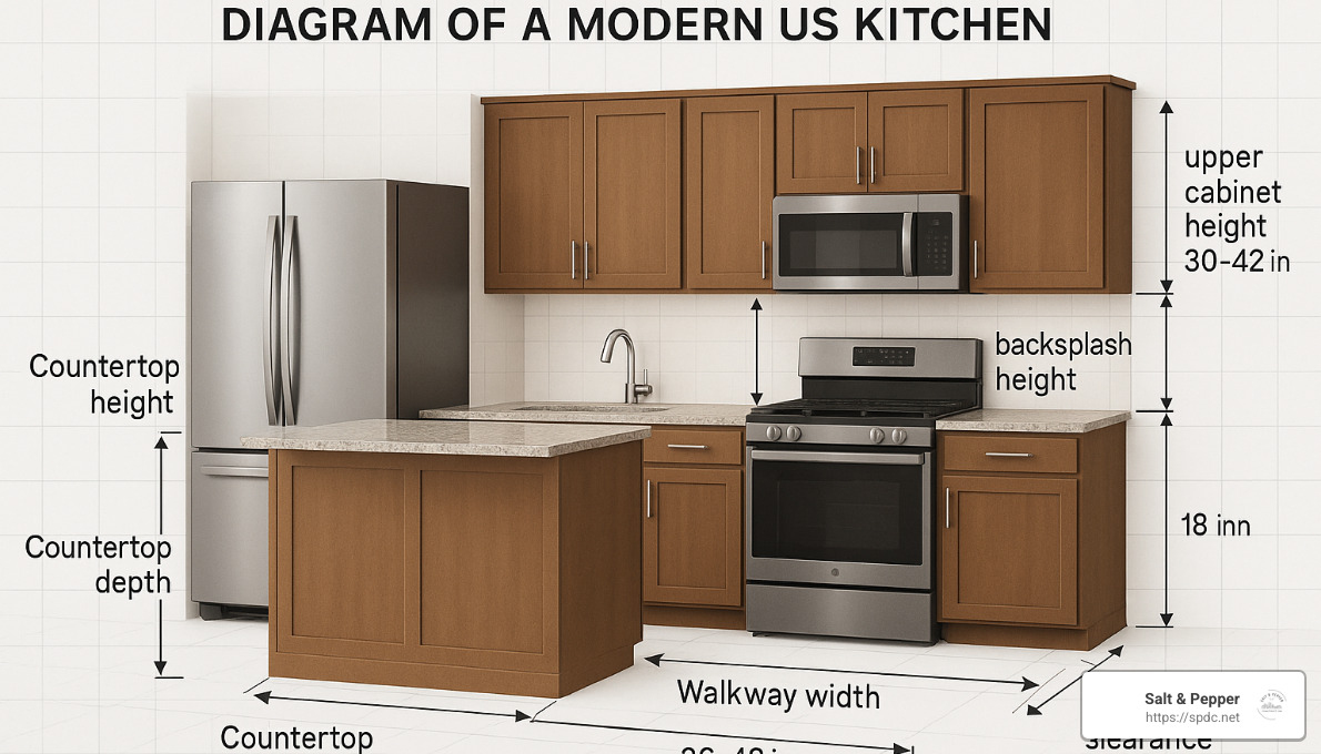 Kitchen ergonomics showing standard dimensions for countertops, walkways, and cabinet heights - kitchen layouts