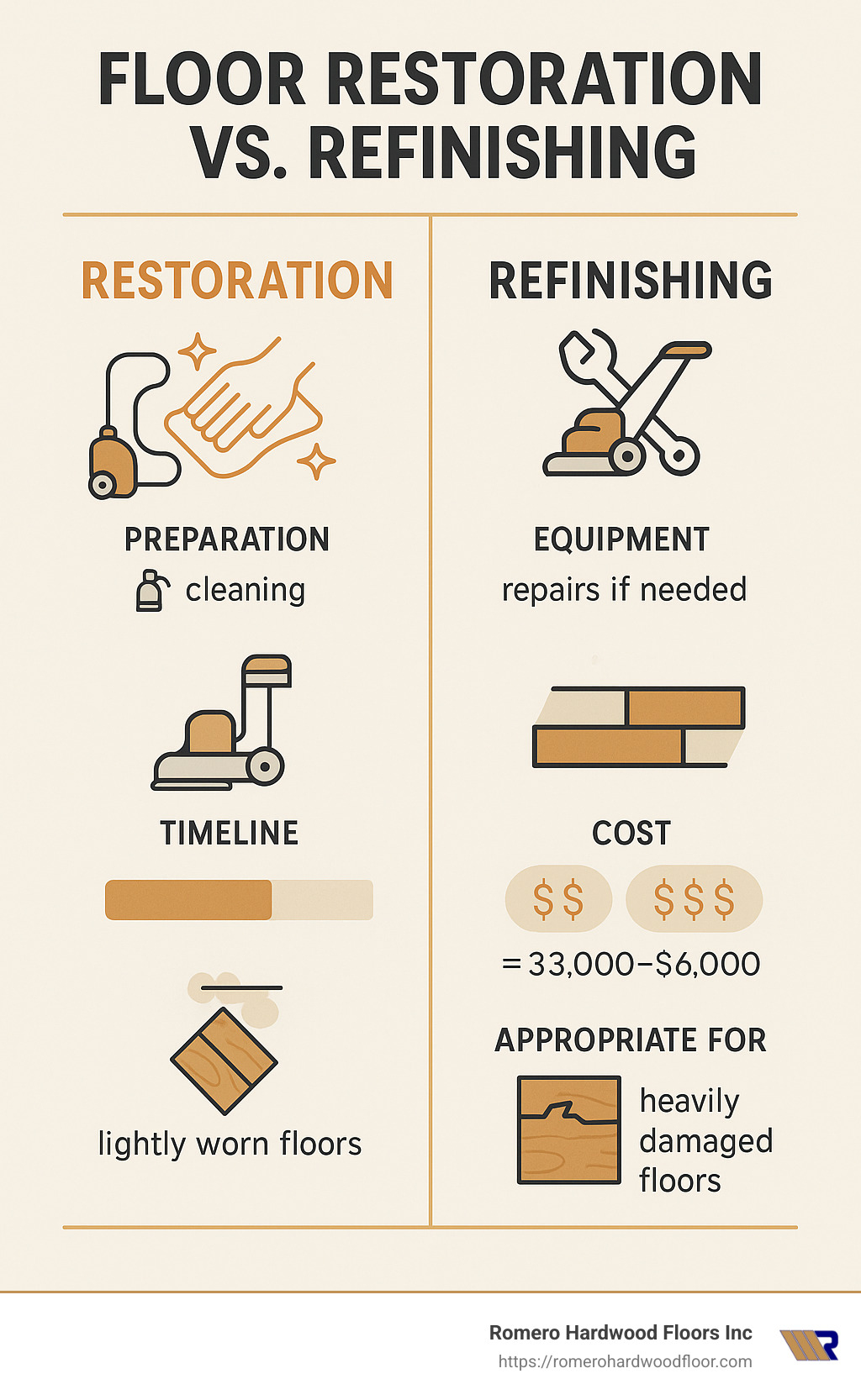 Comparison chart showing restoration vs refinishing processes, including preparation steps, equipment needed, timeline, cost ranges, and when each method is appropriate for different floor damage scenarios - flooring restoration and refinishing infographic