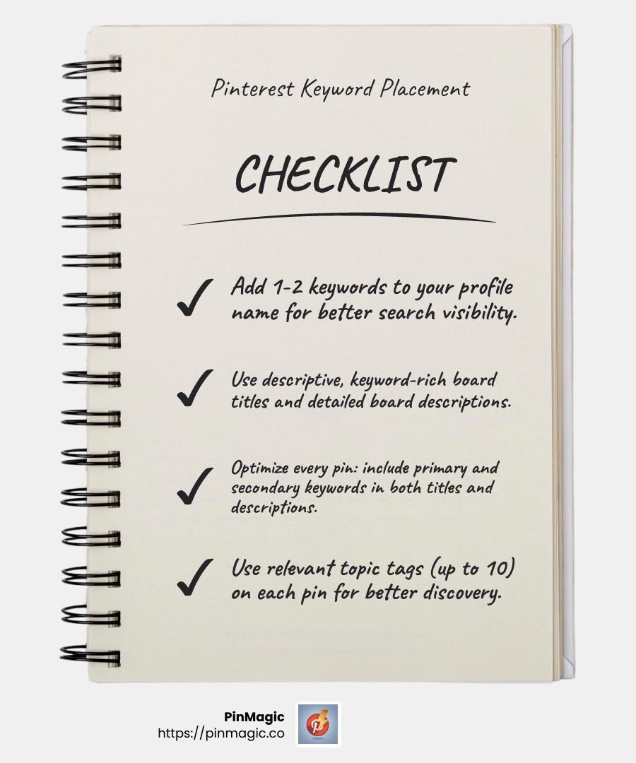 Strategic keyword placement across Pinterest profile elements showing where to place keywords in profile, boards, and pins - how to boost a pinterest business account infographic checklist-notebook