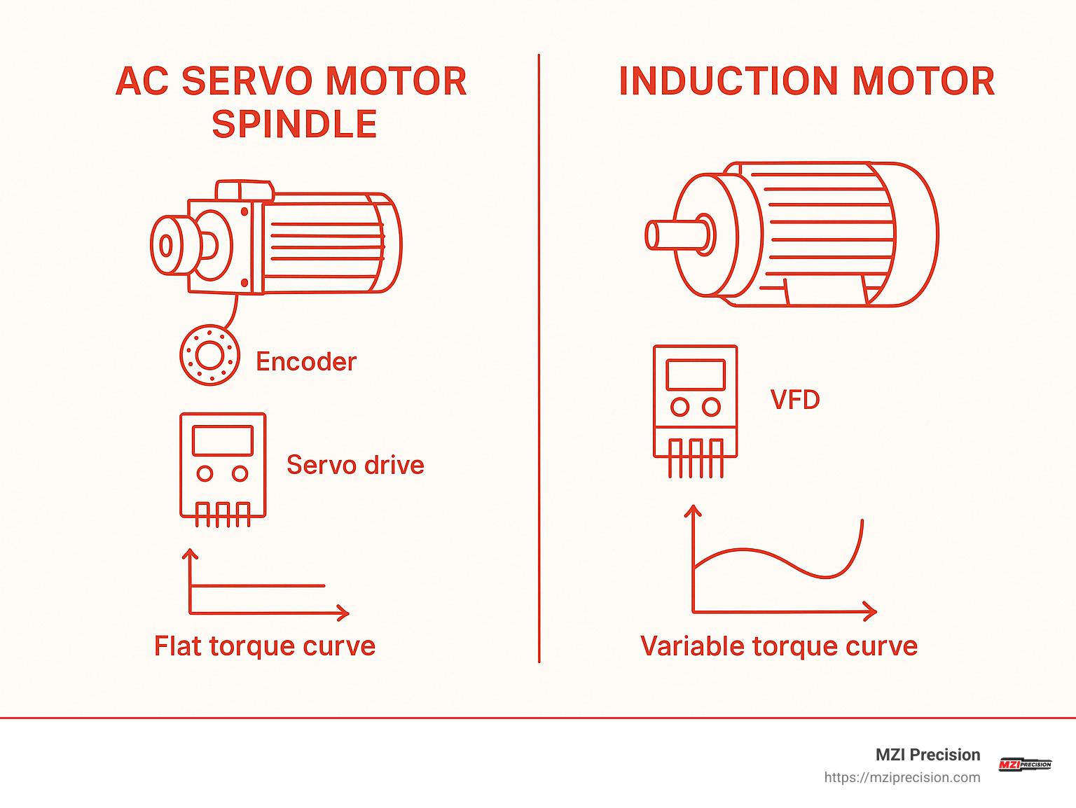 Comparison diagram showing AC servo motor spindle components including encoder feedback, servo drive controller, and constant torque curve versus induction motor with VFD and variable torque curve - ac servo motor spindle infographic
