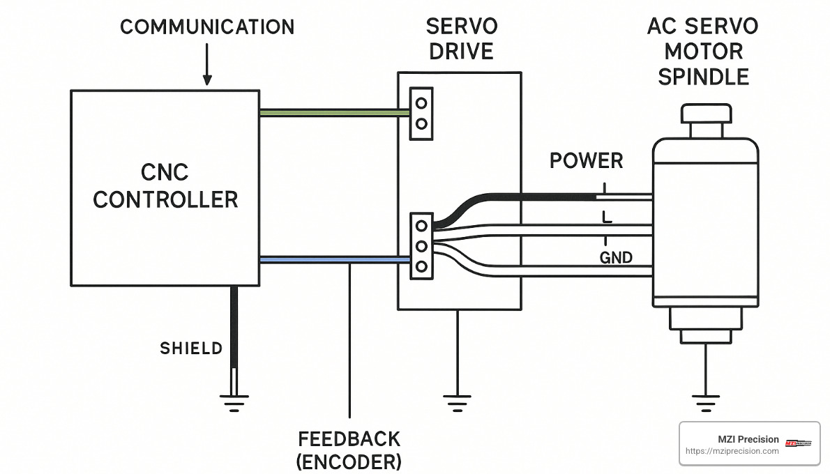 Wiring diagram showing proper connections between servo drive, motor, and CNC controller - ac servo motor spindle