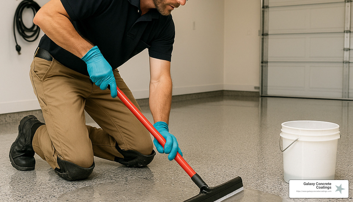 professional installer applying topcoat to epoxy floor - epoxy flooring phoenix az